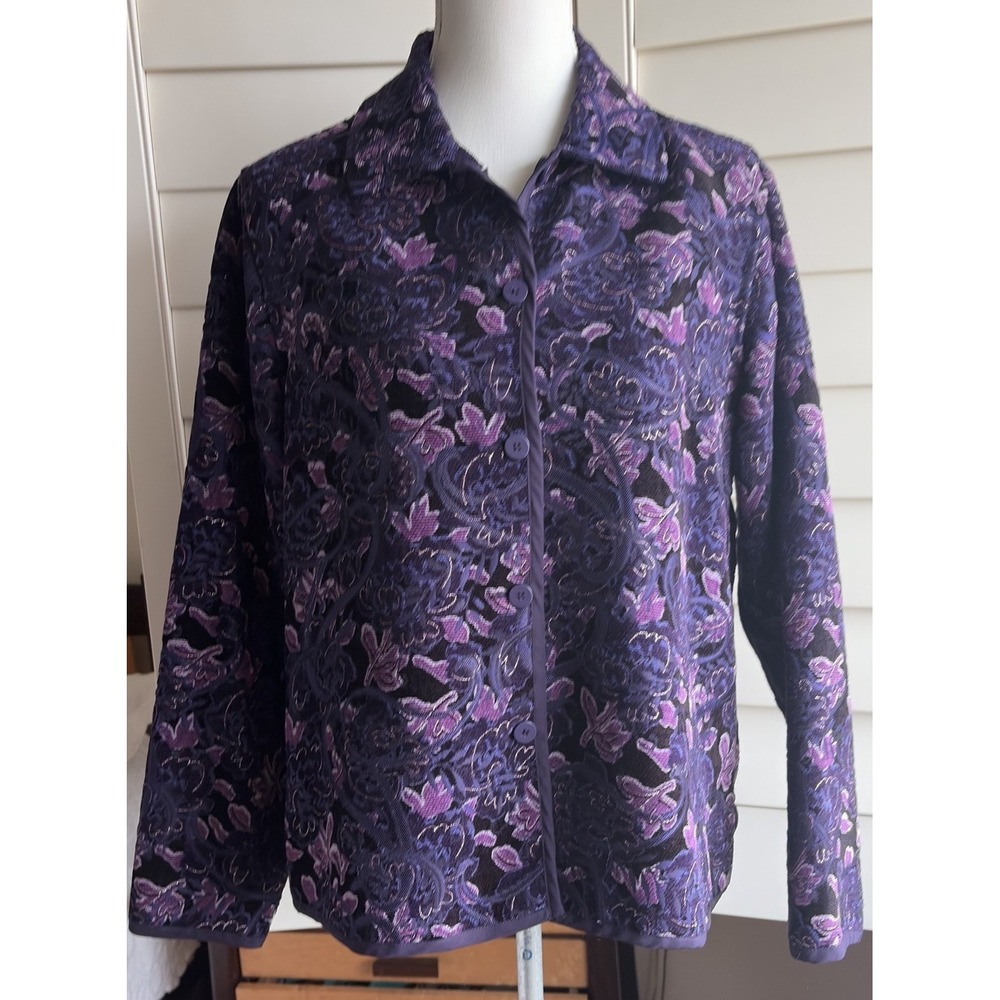 Vtg Coldwater Creek Reversible Tapestry Jacquard Blazer Paisley Purple Floral M